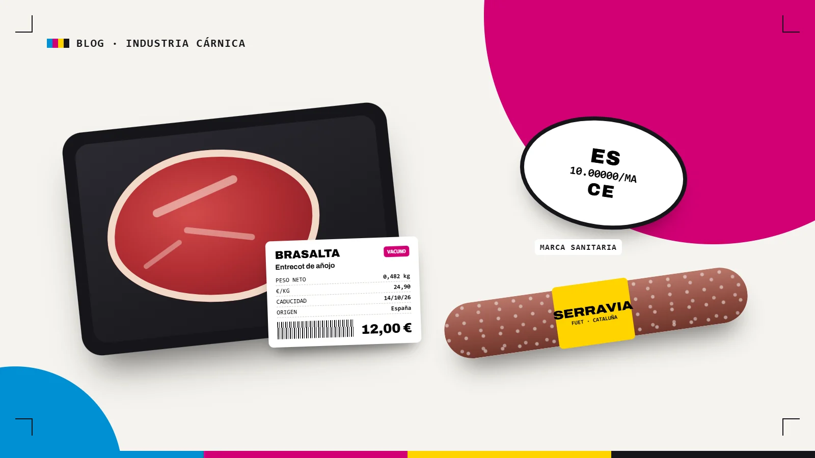 Etiquetado de carne: bandeja de vacuno con etiqueta de peso y precio, marca sanitaria y fuet etiquetado